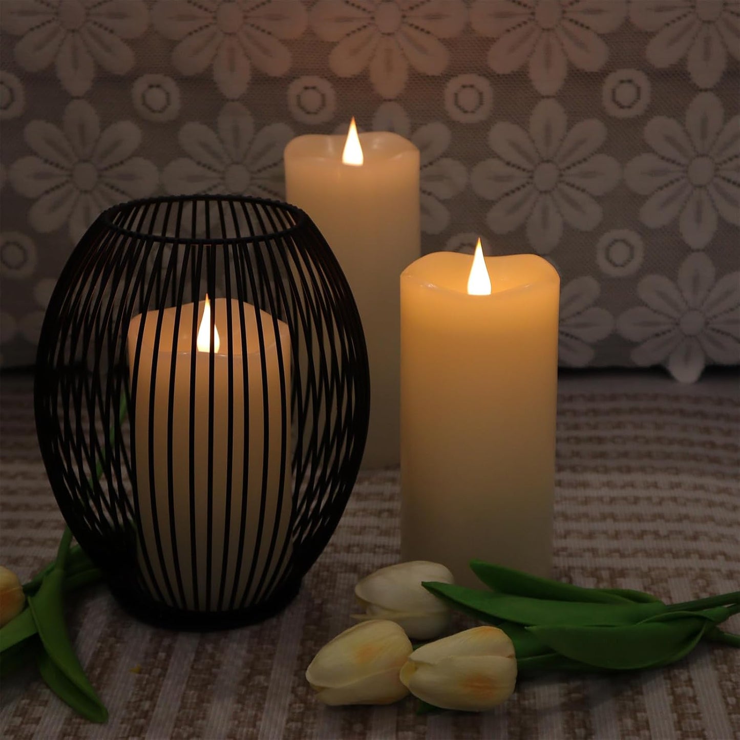 TECHLONG Flameless Candles with Remote Timer, 3D Moving Flickering Flame Battery Operated Candles Lasting 1000+ Hours, 3" x 5" Ivory Real Wax Electric LED Pillar Candles, Set of 2
