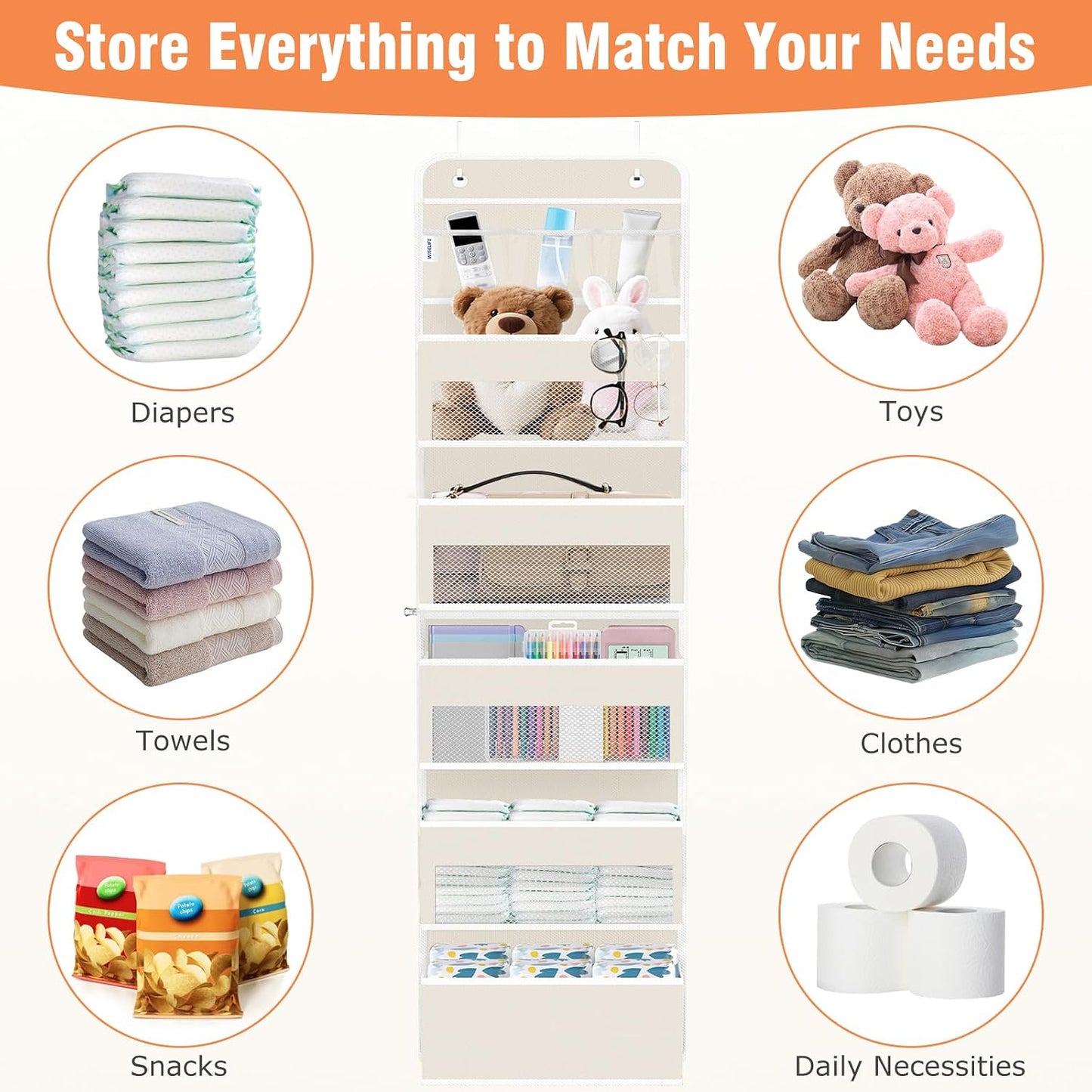 WISELIFE Over The Door Organizer Storage 4 Shelves Large Capacity Hanging Bedroom Storage Solution with 6 Side Pockets for Dorm Bathroom Pantry Nursery and Baby Essentials Holds up to 40 Lbs (Black)
