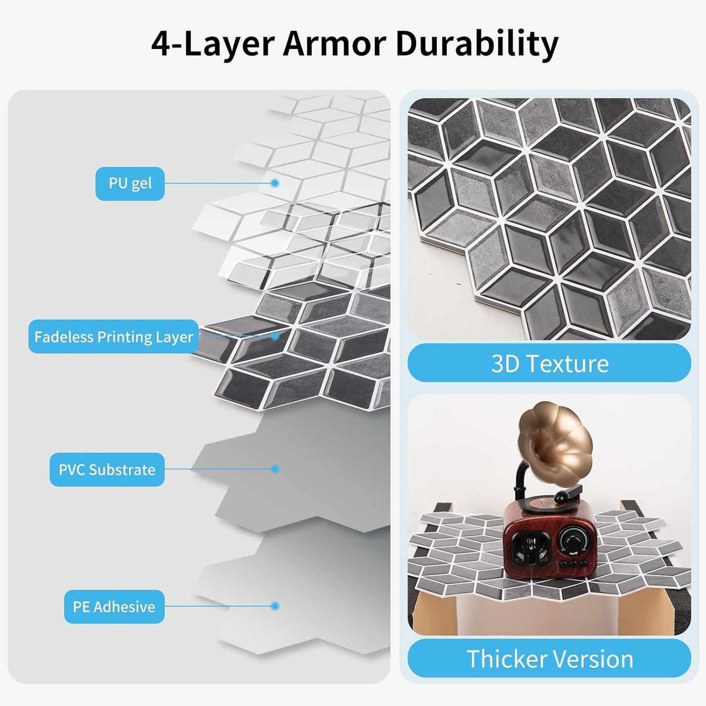 Art3d 10-Sheet Peel and Stick Backsplash Tiles, 12x12 Inch Self-Adhesive 3D Wall Tiles for Kitchen, Bathroom, Countertop - Thickened Waterproof Design (Graphite Gray)