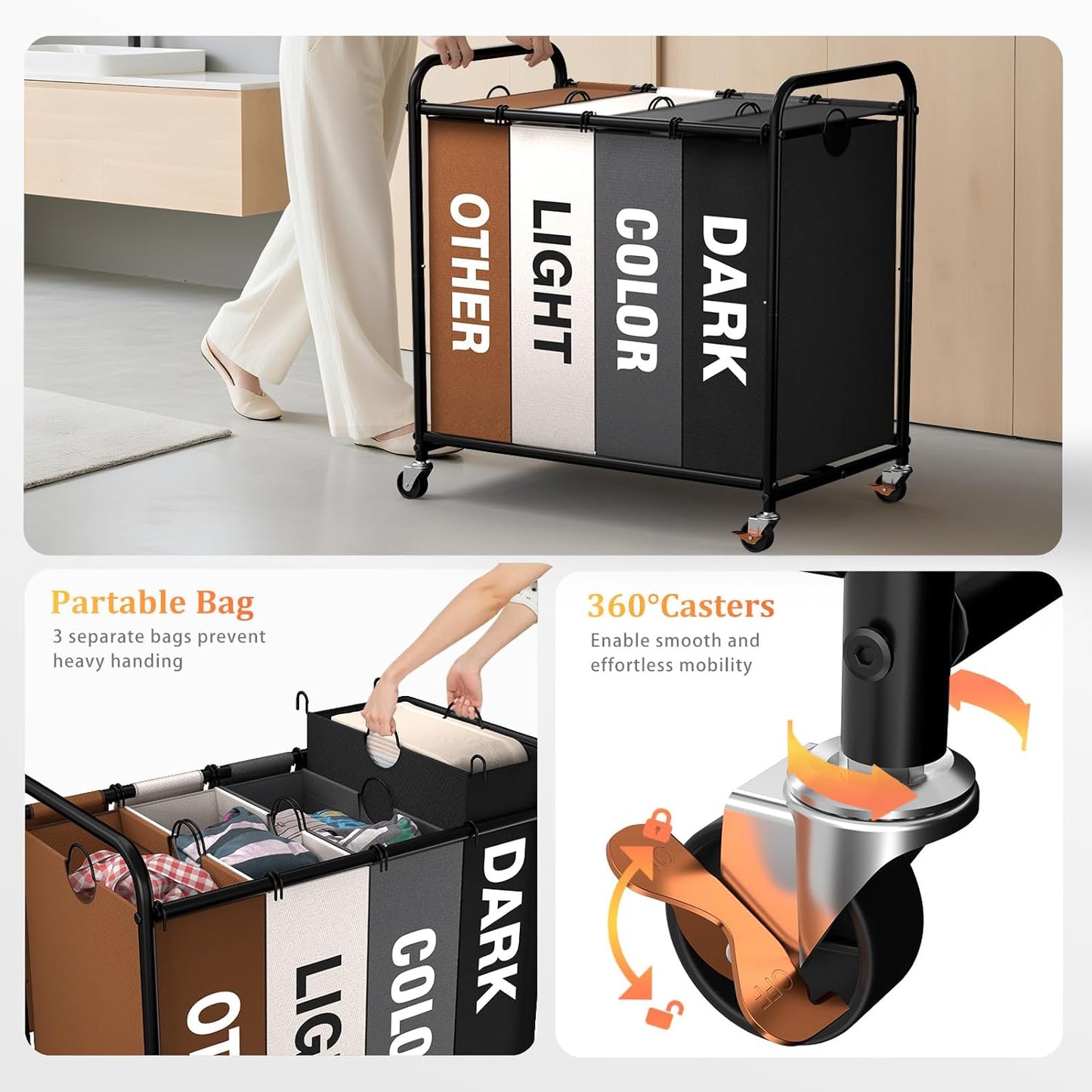 180L (47.55 Gal) Laundry Sorter 3 Section, Rolling Laundry Basket with Lockable Wheels and Lid, Laundry Hamper with 3 Separated Removable Bags Dirty Clothes Hamper for Laundry Room Organizer, Black