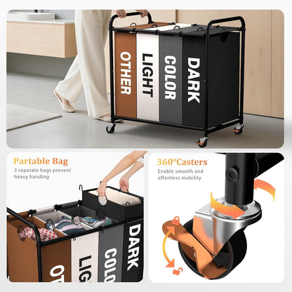 180L (47.55 Gal) Laundry Sorter 3 Section, Rolling Laundry Basket with Lockable Wheels and Lid, Laundry Hamper with 3 Separated Removable Bags Dirty Clothes Hamper for Laundry Room Organizer, Black