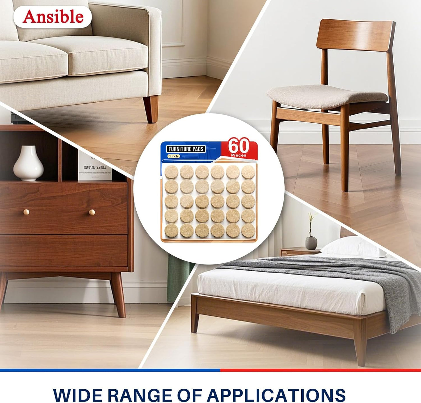 Ansible 60 PCS Felt Furniture Pads 1", Felt Pads for Chair Leg Floor Protectors for Hardwood Floors Round (Beige)