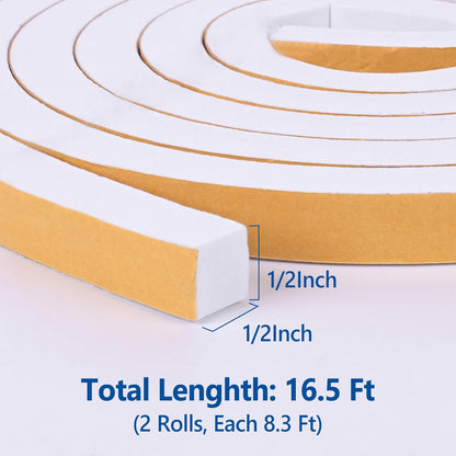 Self Adhesive Foam Tape Weatherstrip 1/2in x 1/4in x 42Ft High Density Foam Insulation Strips Foam Seal Weather Stripping with Strong Adhesive for Door and Window Sound Isolation Soundproofing, White