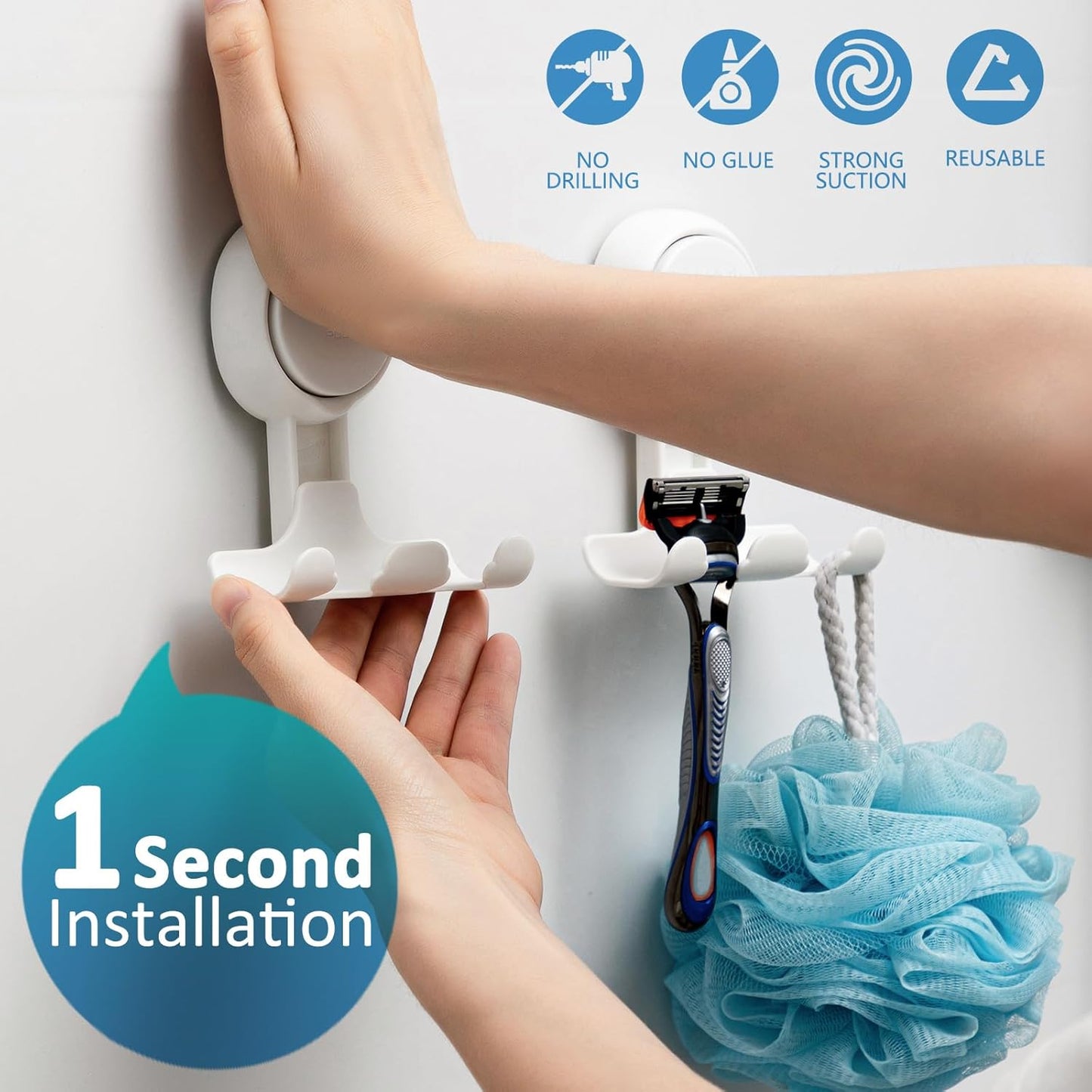 TAILI Suction Cup Razor Holder in Shower 2 Pack, Towel, Loofah, Shaver Holder for Bathroom Wall, Powerful Suction Cup Shower Hooks, Easy to Install and Reuse, White