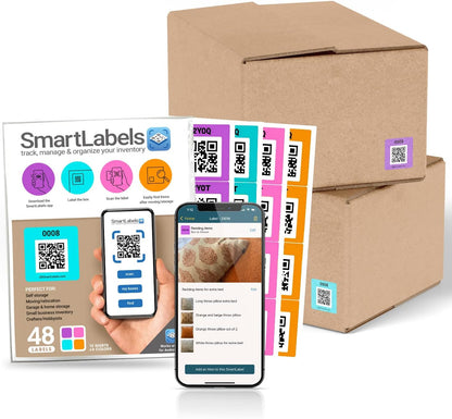 Smart Labels QR Code Stickers with AI Photo Analysis App - Auto-Creates Item Descriptions - No Typing - Made in USA - QR Code Labels for Storage & Inventory Tracking, Organization & Moving, Pack of 48