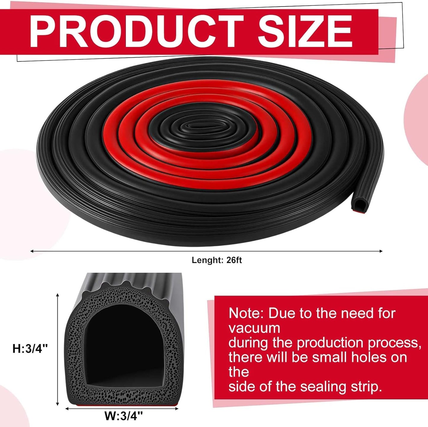 Pangda 13Ft D Shape Rubber Weather Stripping Foam Self-Adhesive EPDM Seal Strip for Noise Reduction Waterproof Dustproof for Cars Boats RVs Windows Doors (3/4" W x 3/4" H)