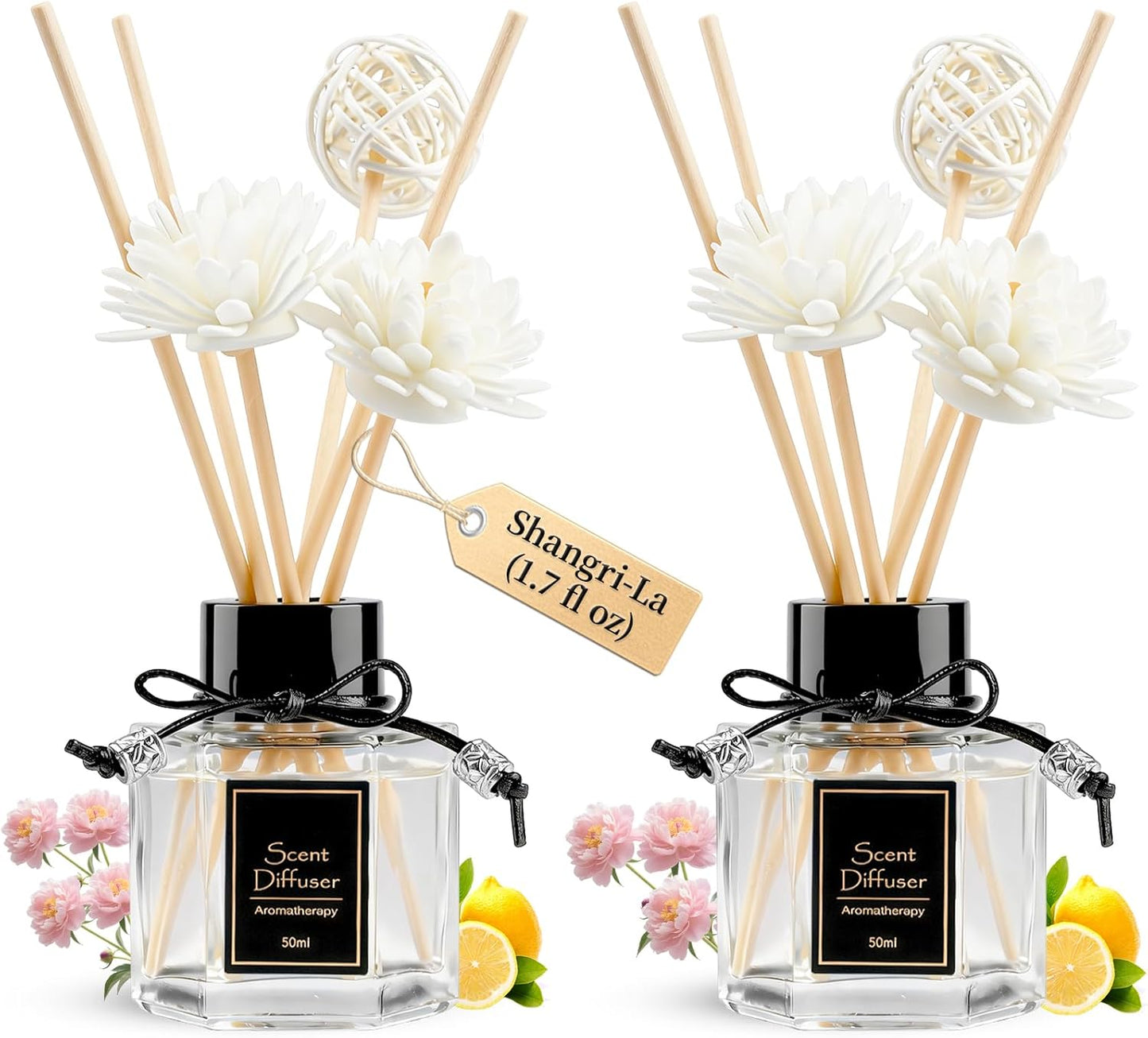 TonJin Reed Diffuser Set of 2 | 1.7 fl oz Natural Home Fragrance with Sticks | Long-Lasting Scented Sticks for Bathroom, Living Room & Bedroom | Non-Toxic Essential Oil Air Freshener Shangri-La