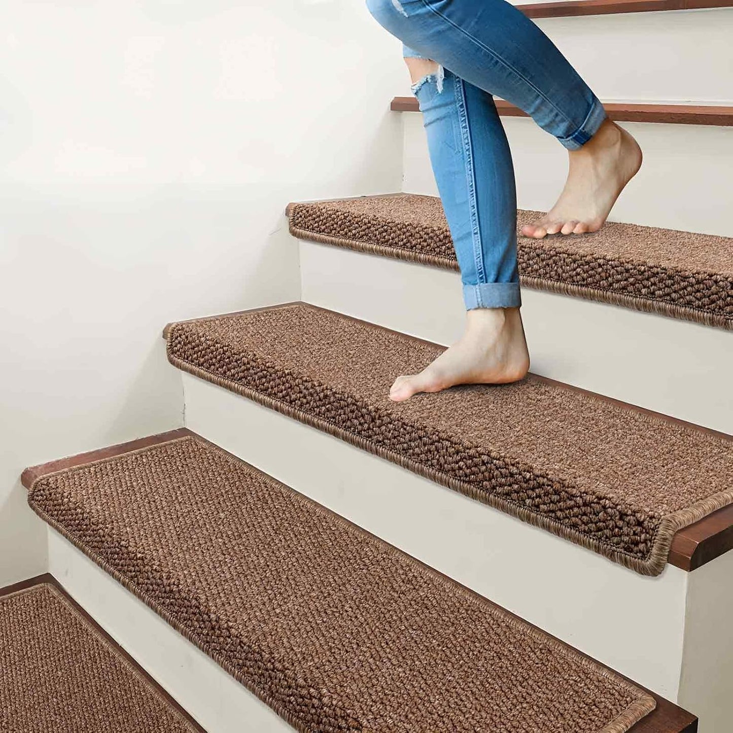 Brakki Bullnose Carpet Stair Treads, Non Slip Stair Treads for Wooden Steps Indoor, Stair Runner, Soft Stair Rugs, Edging Stair Protectors, Washable, 29.5"x9.5"x1.5" 14pcs, Beige