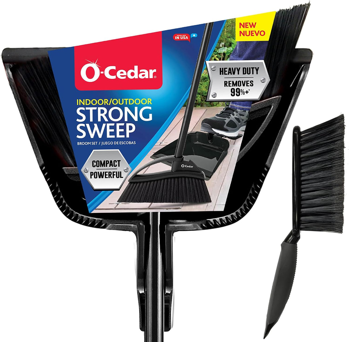 O-Cedar Strong Sweep Broom and Dustpan Set with Detail Brush | Indoor Outdoor Heavy Duty Stiff Bristle Broom | Step-On Dust Pan