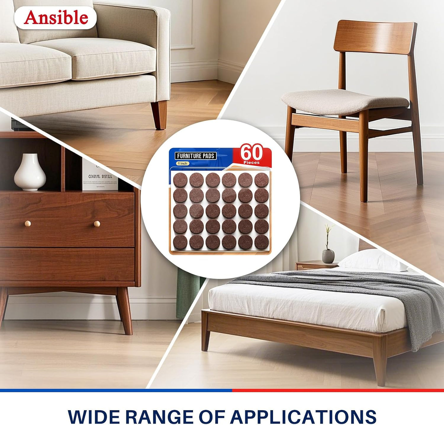 Ansible 60 PCS Felt Furniture Pads 1", Felt Pads for Chair Leg Floor Protectors for Hardwood Floors Round (Beige)