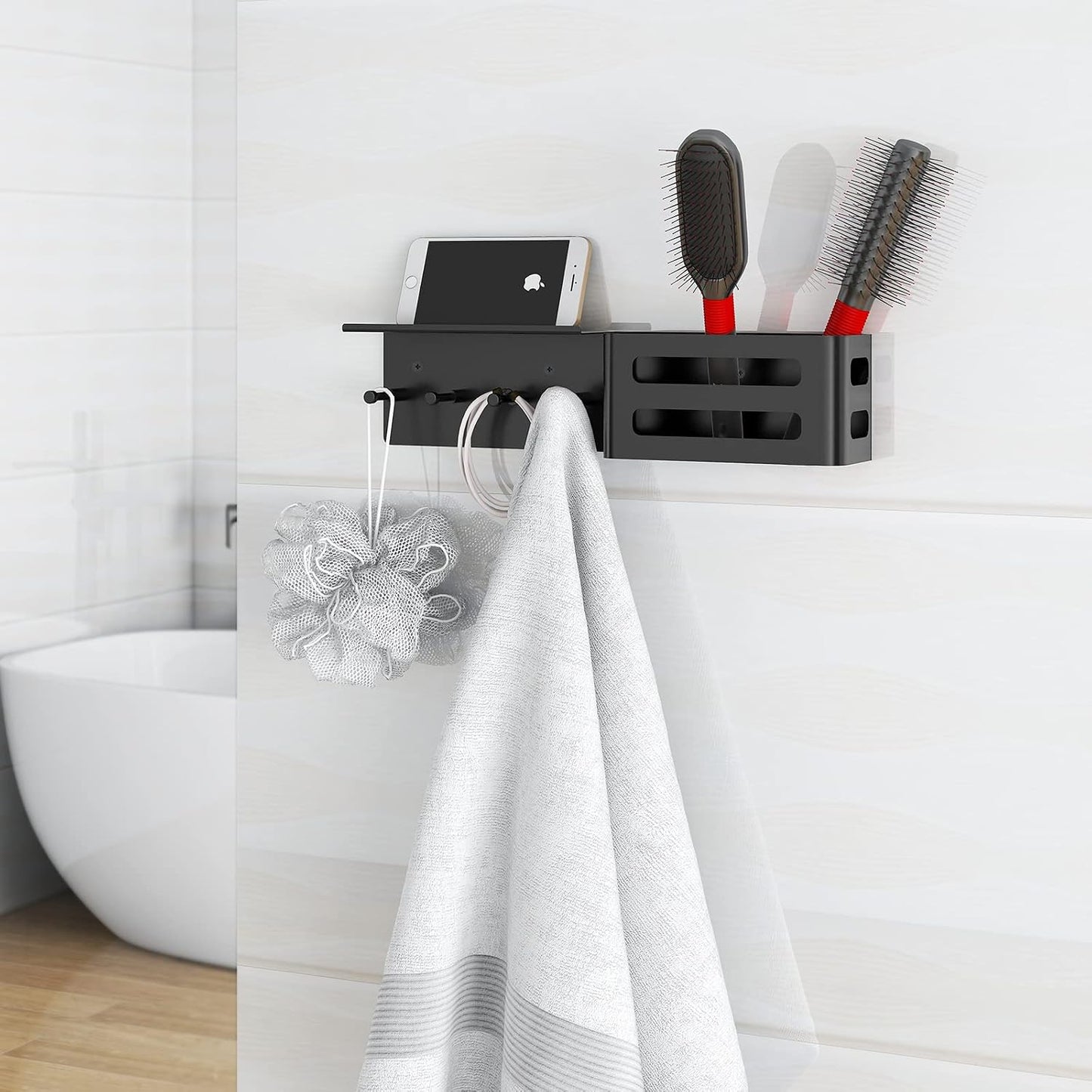 MKO Key Holder Wall Mount, Key Holder Wall Mount Adhesive with Mail Organizer Tray with 6 Key Hooks for Wall, Black