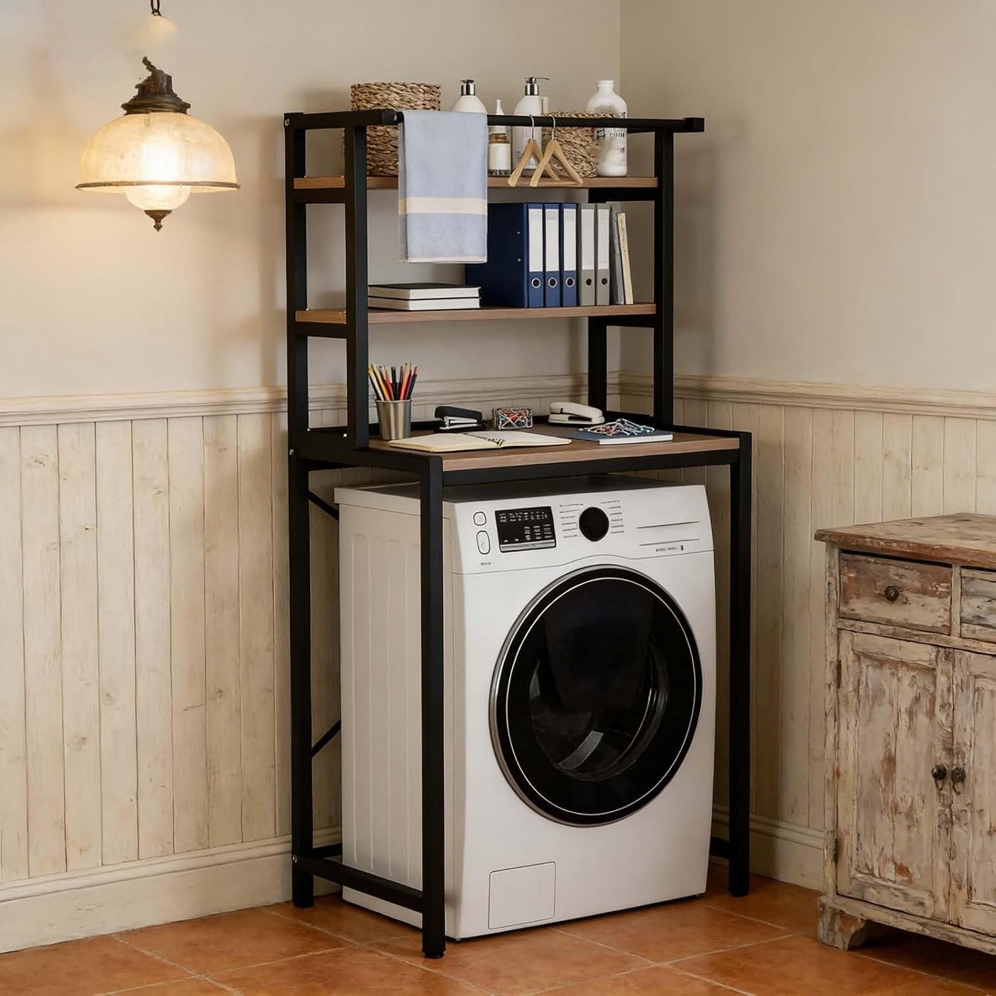 Modern Style Over Washer Storage Shelf, White Metal and Wood Organizer for Neat Home Laundry Room(Black,3-T)
