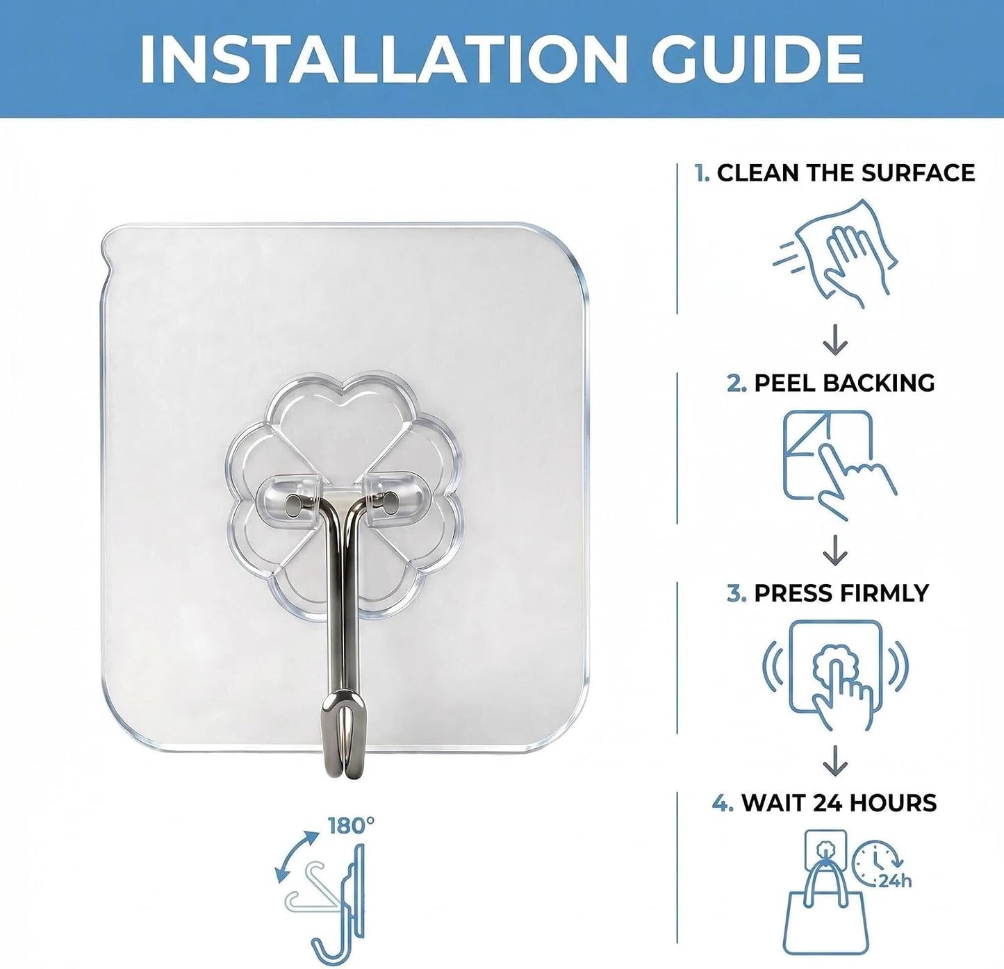 Wall Hooks - 33 lbs Max, Transparent, Seamless, Waterproof & Oilproof, Heavy Duty Adhesive Coat & Towel Hooks (10 Pack)