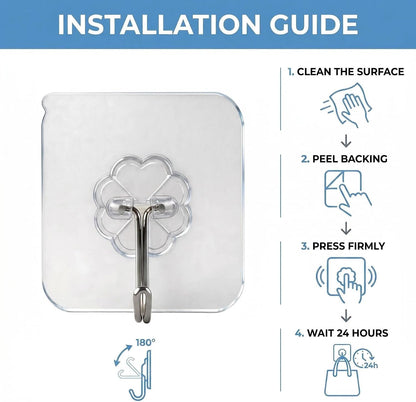 Wall Hooks - 33 lbs Max, Transparent, Seamless, Waterproof & Oilproof, Heavy Duty Adhesive Coat & Towel Hooks (10 Pack)