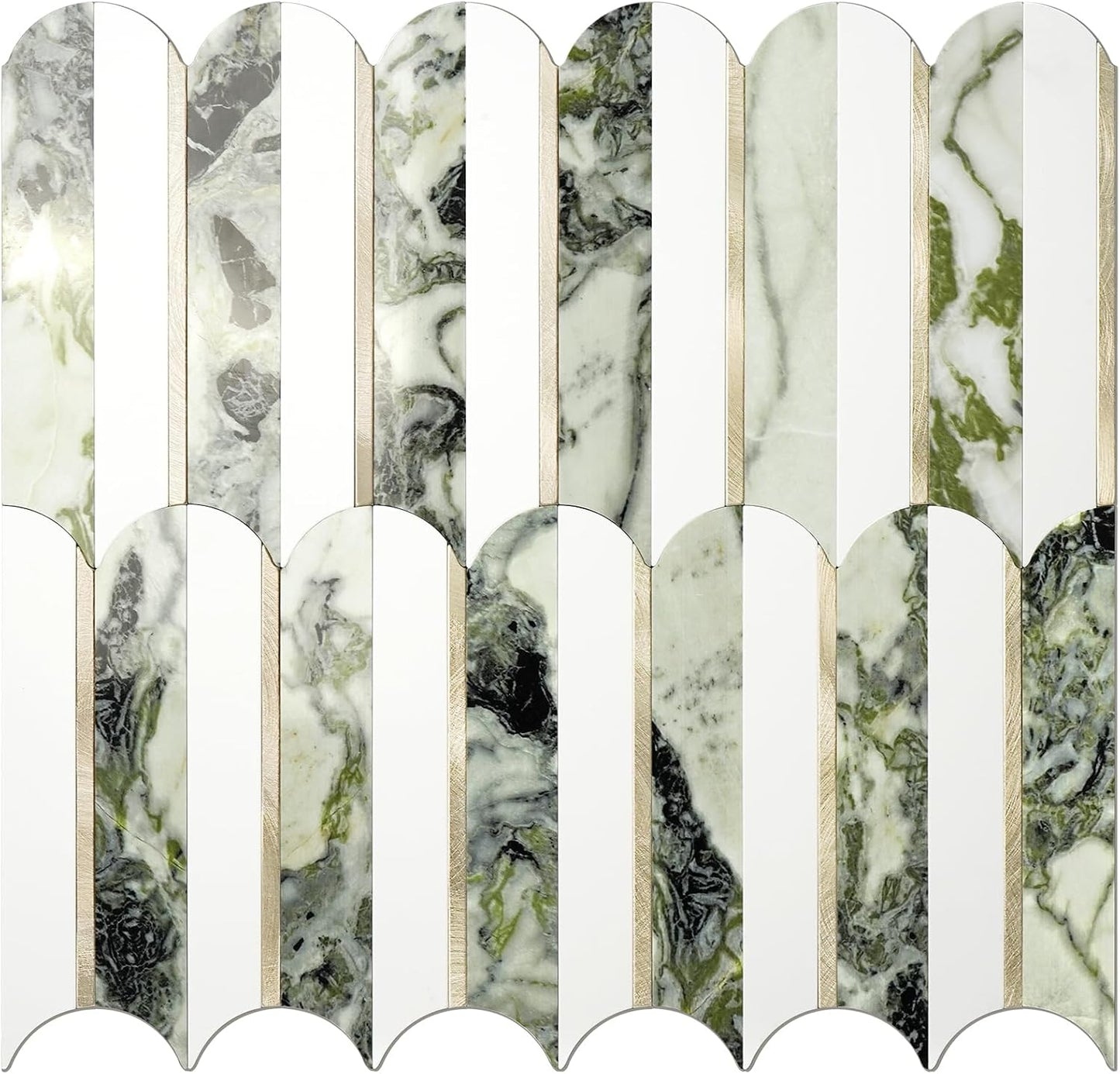Vamos Peel and Stick Backsplash Seamless Tile for Kitchen and Bathroom,White and Beige Slate PVC Mixed Light Gold Self Adhesive Fish Scale Metal Mosaic Tiles (10 Sheets)
