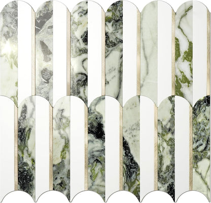 Vamos Peel and Stick Backsplash Seamless Tile for Kitchen and Bathroom,White and Beige Slate PVC Mixed Light Gold Self Adhesive Fish Scale Metal Mosaic Tiles (10 Sheets)
