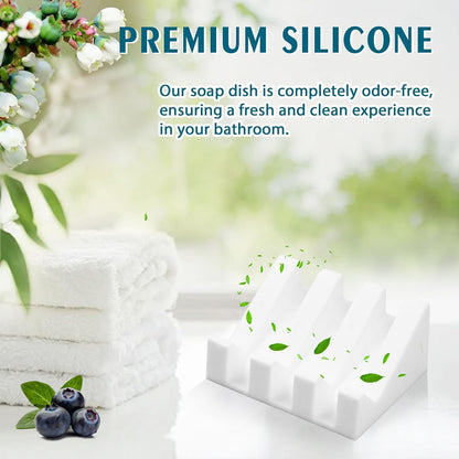 Self Draining Silicone Soap Dish with Suction Cups - Non-Slip Bar Soap Holder for Shower & Kitchen, Waterfall Tray Keeps Soap Dry, Easy Clean, Extends Soap Life (White, 1)