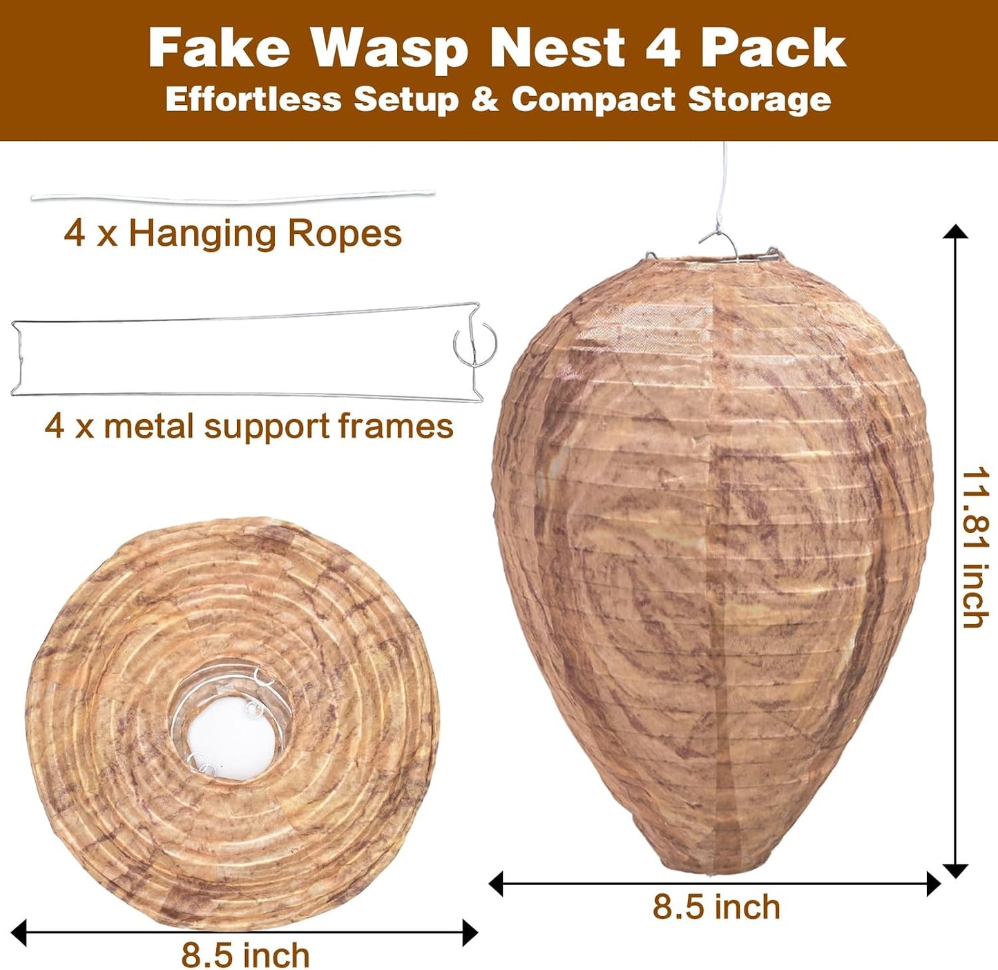 4 Pack Fake Wasp Nest Decoy, Waterproof Hanging Wasp Hornet Decoy for Outdoor, Brown Wasps and Hornets Nests, Reusable for Patio, Porch, Garden, Under Eaves, Garage, Backyard, House
