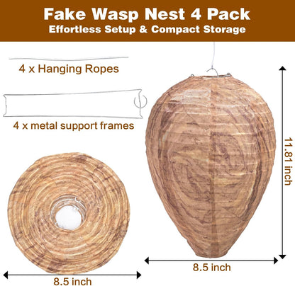 4 Pack Fake Wasp Nest Decoy, Waterproof Hanging Wasp Hornet Decoy for Outdoor, Brown Wasps and Hornets Nests, Reusable for Patio, Porch, Garden, Under Eaves, Garage, Backyard, House