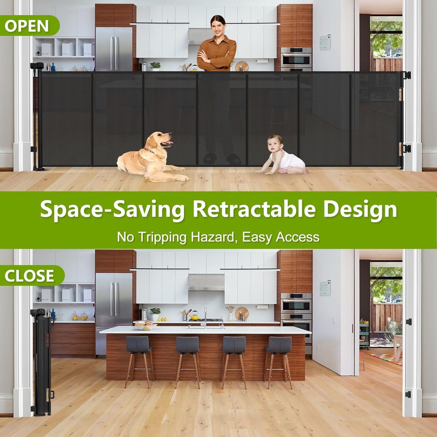 Newly Enhanced - 42" Tall × 120" Extra Wide Retractable Baby Gate Keeps Pets from Getting Under Tall Dog Gate, Indoor/Outdoor Baby Gates for Dogs, Retractable Dog Gate for Large Openings, White