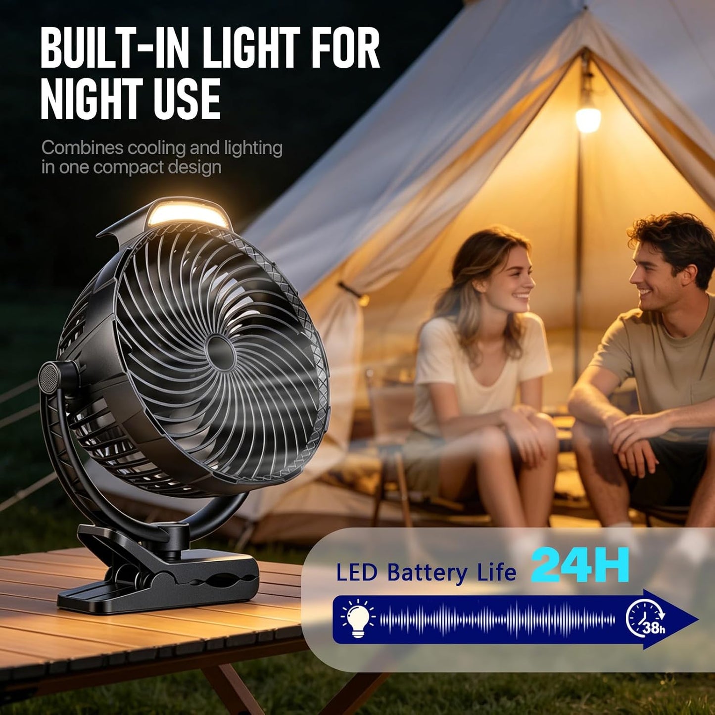8-Inch Rechargeable Clip on Fan, 10000mAh Portable Camping Fan with LED Light, 9-Speed Ultra Quiet Airflow, 30H Runtime, 360° Rotating Desk Fan for Golf Cart, Bedroom, Office, Dorm, Black