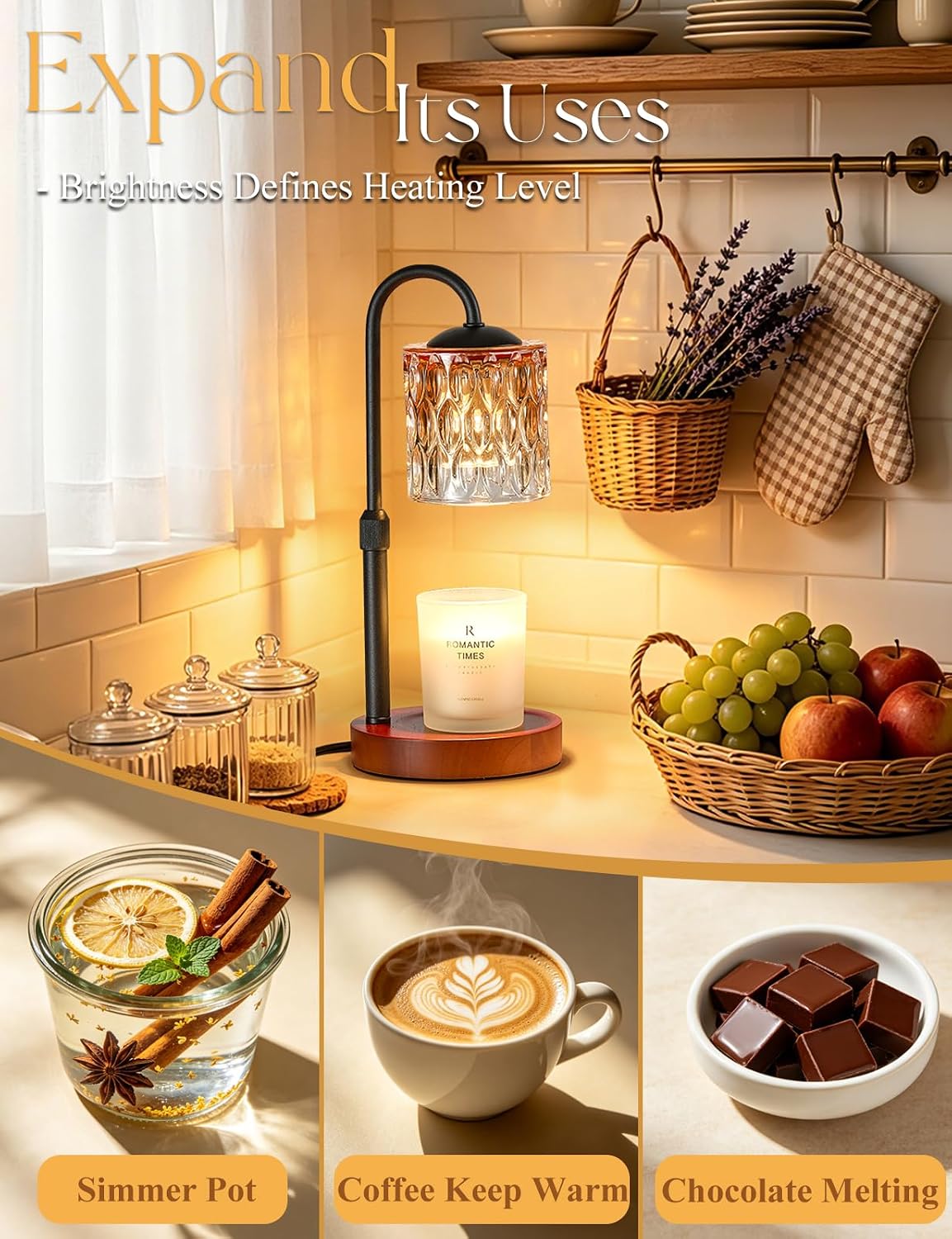 Briever Dimmable Candle Warmer Lamp with Timer, Height Adjustable Electric Candle Wax Warmer, Christmas Birthday Gifts for Women Mom, House Warming Gifts New Home Room Decor, Walnut Solid Wood Base