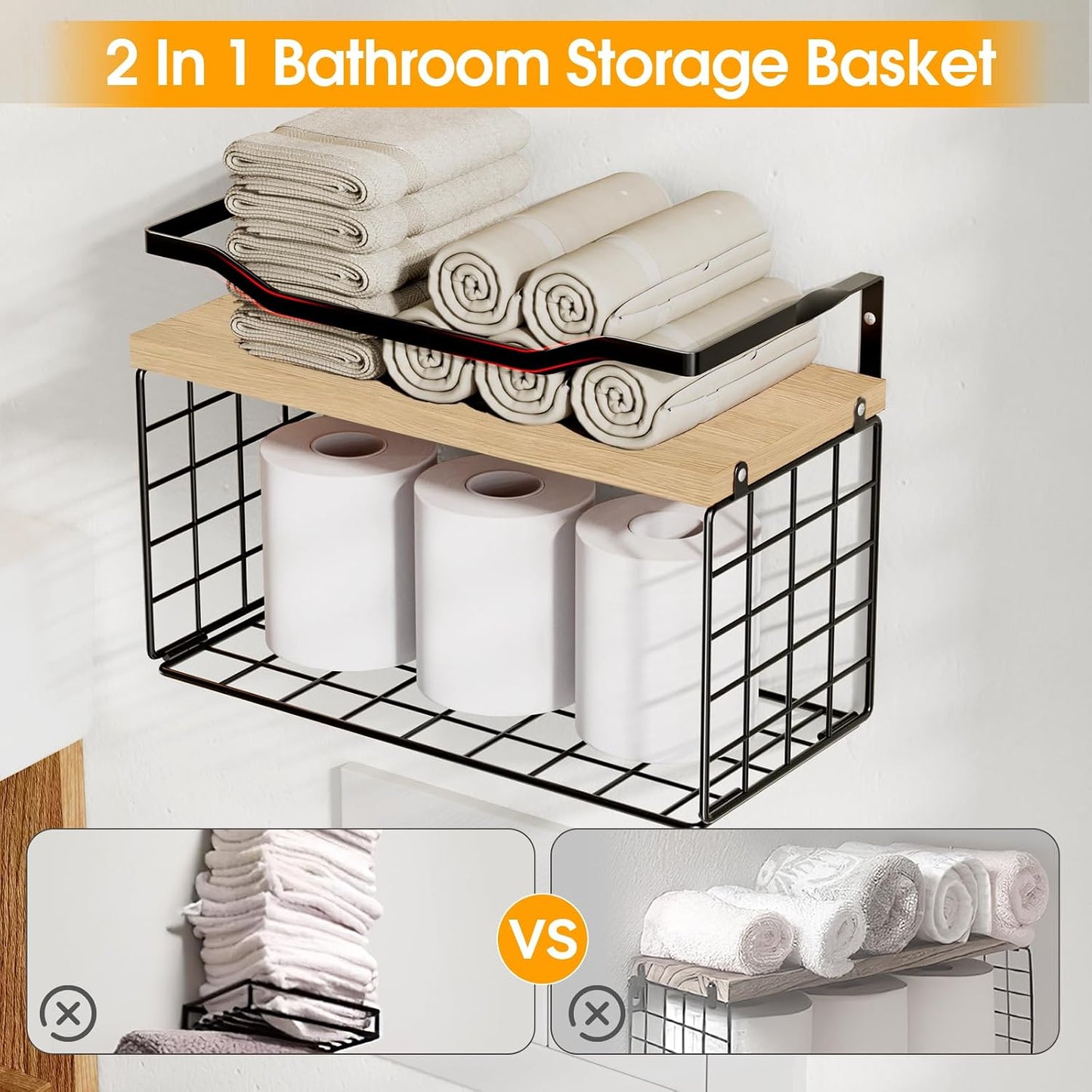 Towel Racks for Bathroom,Towel Rack Wall Mounted, 6 Tier Rolled Or Folded Towel Holder with Floating Shelves, Bathroom Towel Holder for Bath, Hand Towels,Metal and Wood