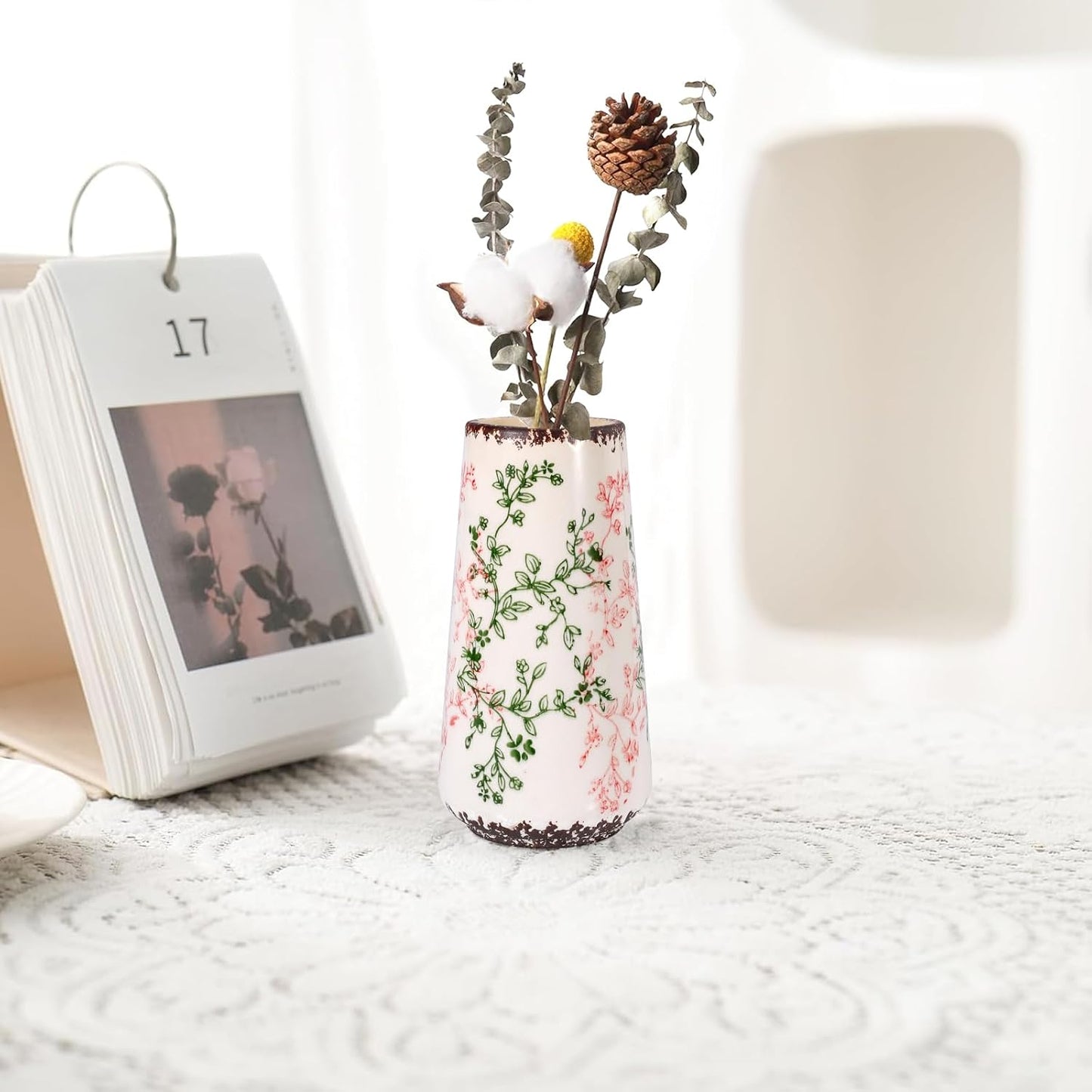 White Ceramic Vase, GUKJOB Small Cute Flower Vase for Pampas Grass, Home, Living Room, Dining Table, Farmhouse, Office Decor, Bedroom, Table, and Kitchen Shelf (White- 2PCS)