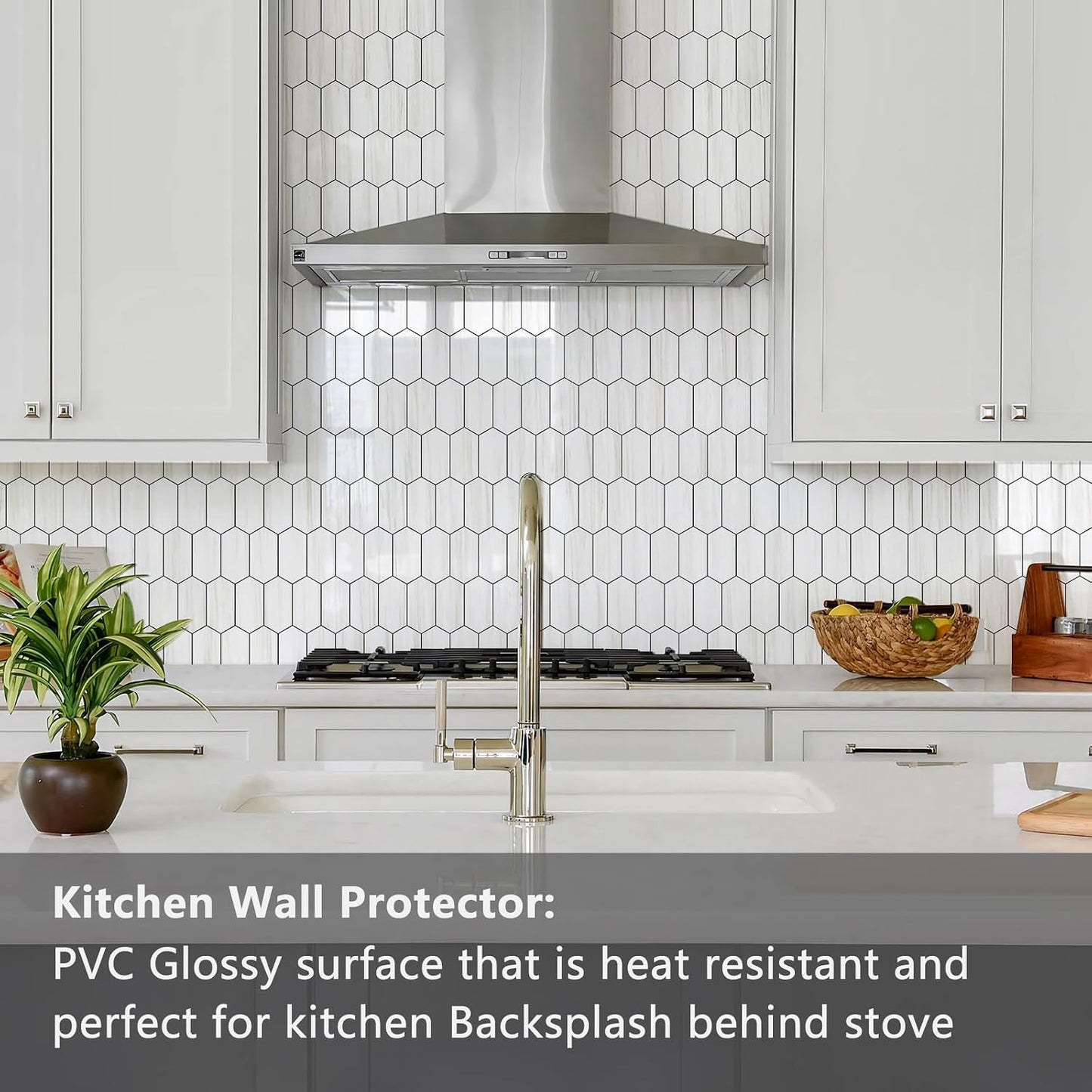 Vamos Tile Long Hexagon Peel and Stick Backsplash Tile - 10 Sheets Stick on Backsplash for Kitchen and Bathroom 12.4 x 12 Inch Glossy Wood Grain PVC Self Adhesive Mosaic Wall Tiles