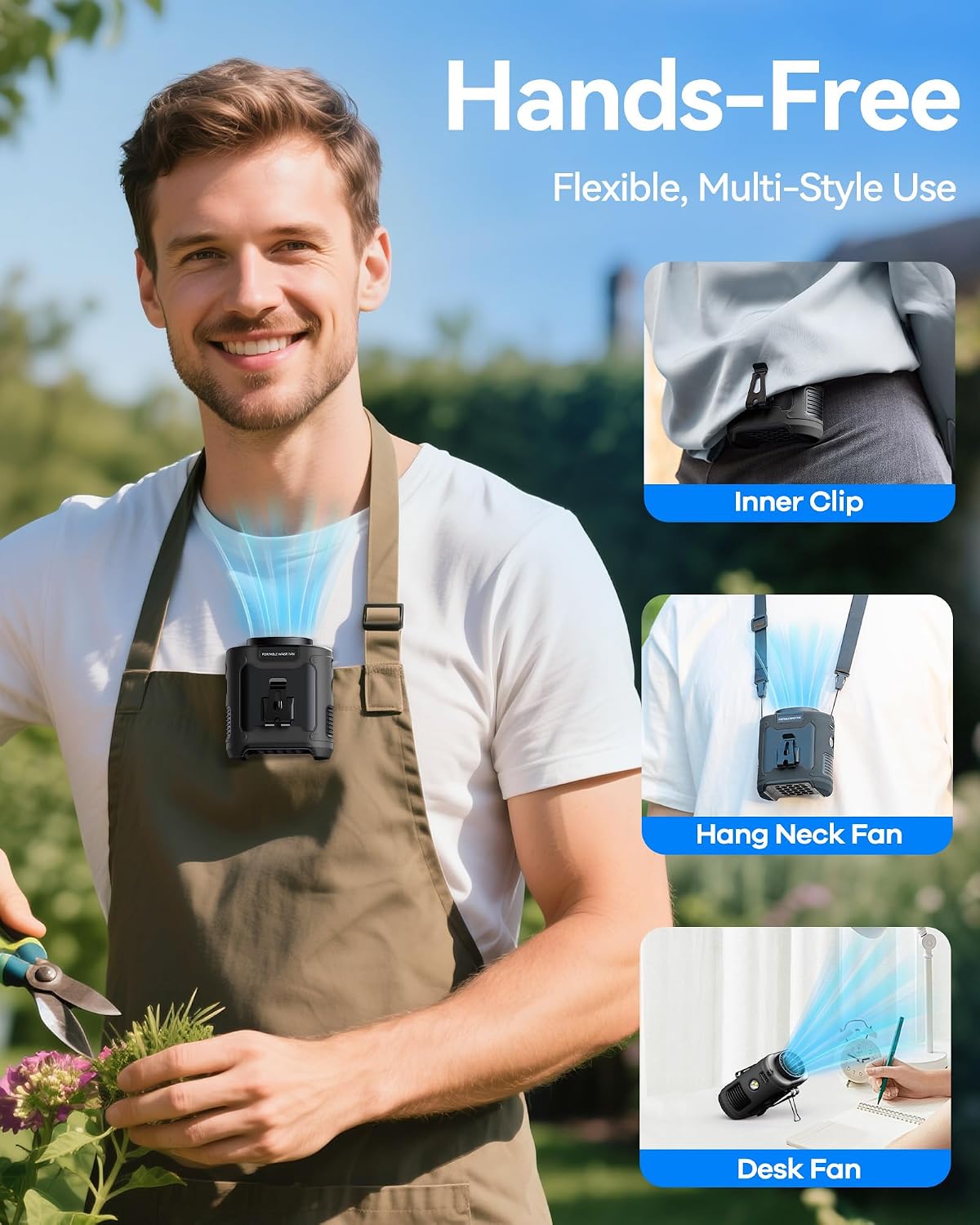 Portable Waist Fan 10000mAh Clip on Fan Belt Personal Fan with Rechargeable Battery operated, Flashlight & 5 Speeds Neck Hands-Free 40H Cooling for Summer/Outdoor/Camping/Travel（Grey）