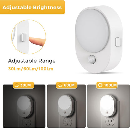 L LOHAS LED Motion Sensor Night Light,[2-PACK] Night Lights Plug into Wall,Motion Sensor and Dusk to Dawn Sensor,3000K Soft White,30/60/100lm Brightness Dimmable,Nightlight for Bathroom Hallway