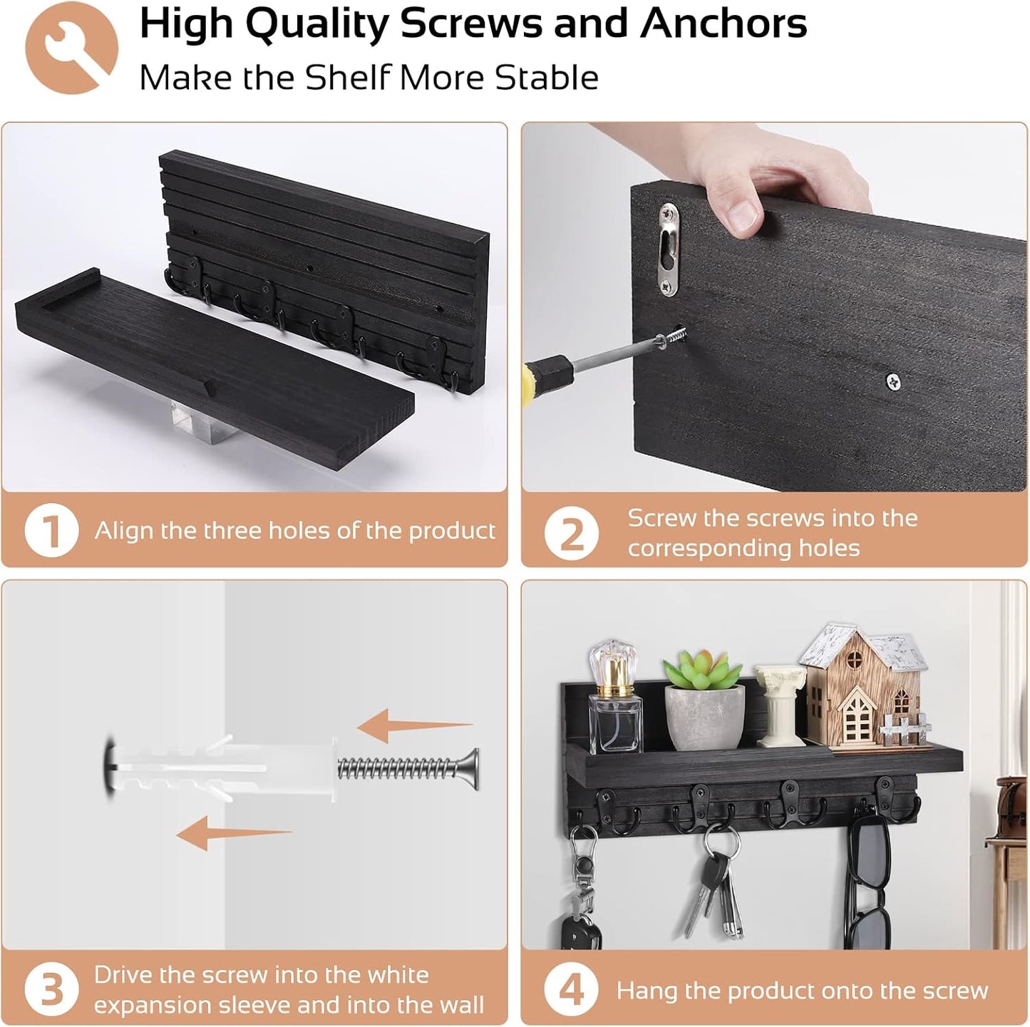 Decorative Key Hanging Rack with 4 Double Hooks – Easy Install Natural Wooden Key and Mail Holder for Wall Mount – Entryway Decor Rack with Shelf (Carbon Black)