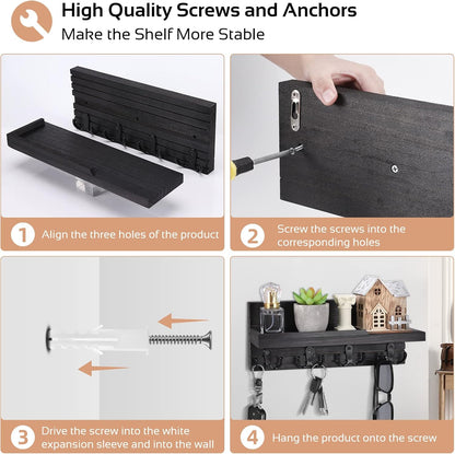 Decorative Key Hanging Rack with 4 Double Hooks – Easy Install Natural Wooden Key and Mail Holder for Wall Mount – Entryway Decor Rack with Shelf (Carbon Black)