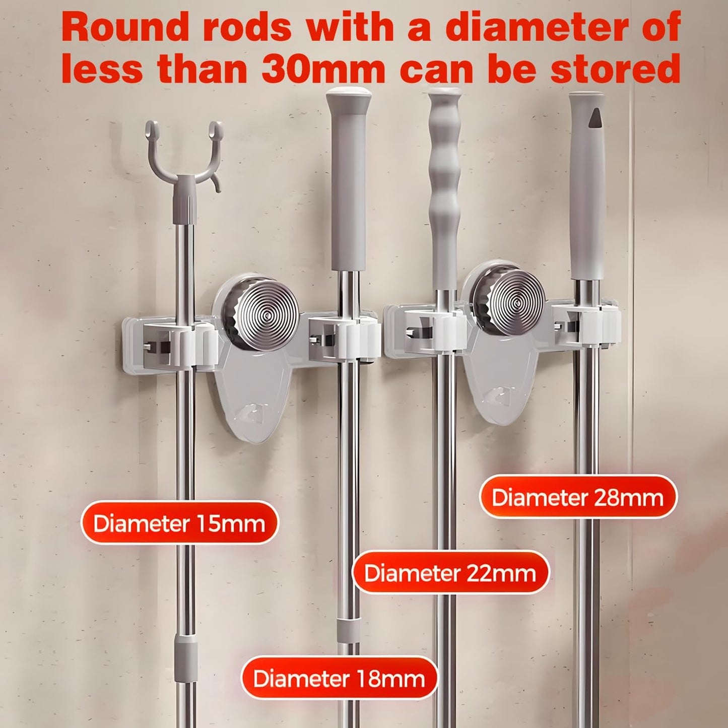 4 Pack Broom Holder Mop Hanger Wall Mount, No Drill Suction Cup Mop and Broom Organizer with Hooks, Space Saving Adjustable Rack Removable Mop Clip for Bathroom, Kitchen, Garage, Laundry Room