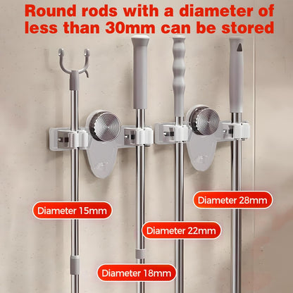4 Pack Broom Holder Mop Hanger Wall Mount, No Drill Suction Cup Mop and Broom Organizer with Hooks, Space Saving Adjustable Rack Removable Mop Clip for Bathroom, Kitchen, Garage, Laundry Room