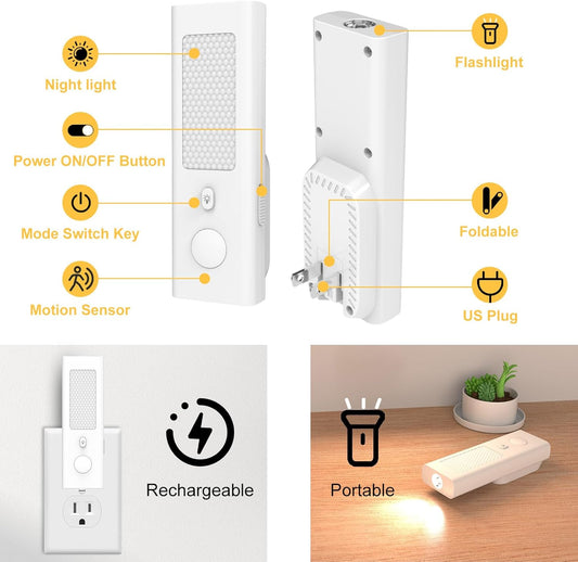 Smart Motion Sensor Night Light – 5-in-1 Rechargeable Automatic Nightlights, Plug-in & Portable Emergency Light Flashlight, Power Outage & Hurricane Preparedness for Home, Kids, Hallway, Nursery