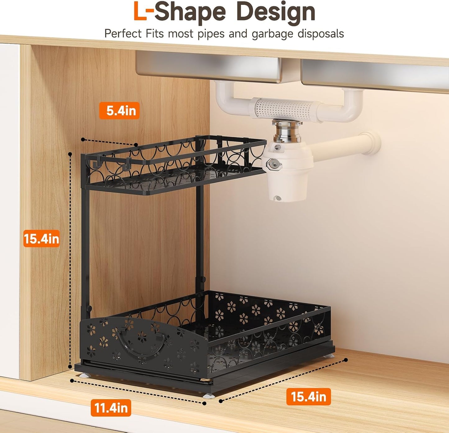Sevenblue 2-Pack 2-Tier Height Adjustable Under Sink Organizer & Storage | Multi-purpose storage for kitchen & bathroom cabinet. Large black shelf, height adjustable design for space-saving.