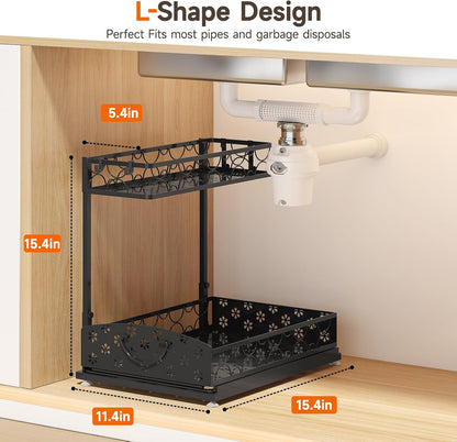 Sevenblue 2-Pack 2-Tier Height Adjustable Under Sink Organizer & Storage | Multi-purpose storage for kitchen & bathroom cabinet. Large black shelf, height adjustable design for space-saving.
