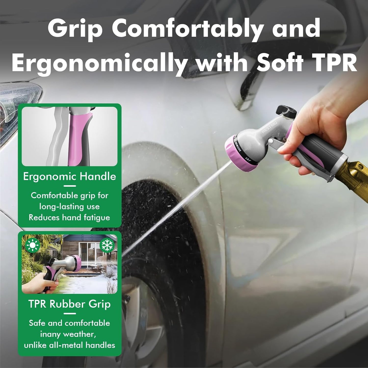 RESTMO Garden Hose Nozzle, Heavy Duty Metal Water Hose Nozzle with 7 Adjustable Spray Patterns, High Pressure Hand Sprayer with Flow Control for Watering Plants & Lawns, Washing Cars & Pets