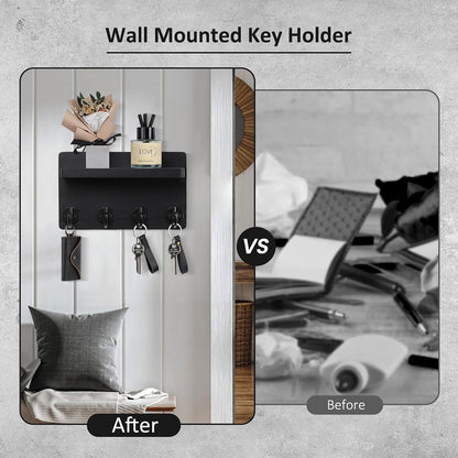 Nekon Key Holder Wall Mount, 8.5 Inch Small Home Decor Wooden Wall Organizer with 4 Hooks and Shelf, Wall Decor for Living Room Entryway Kitchen (Brown)