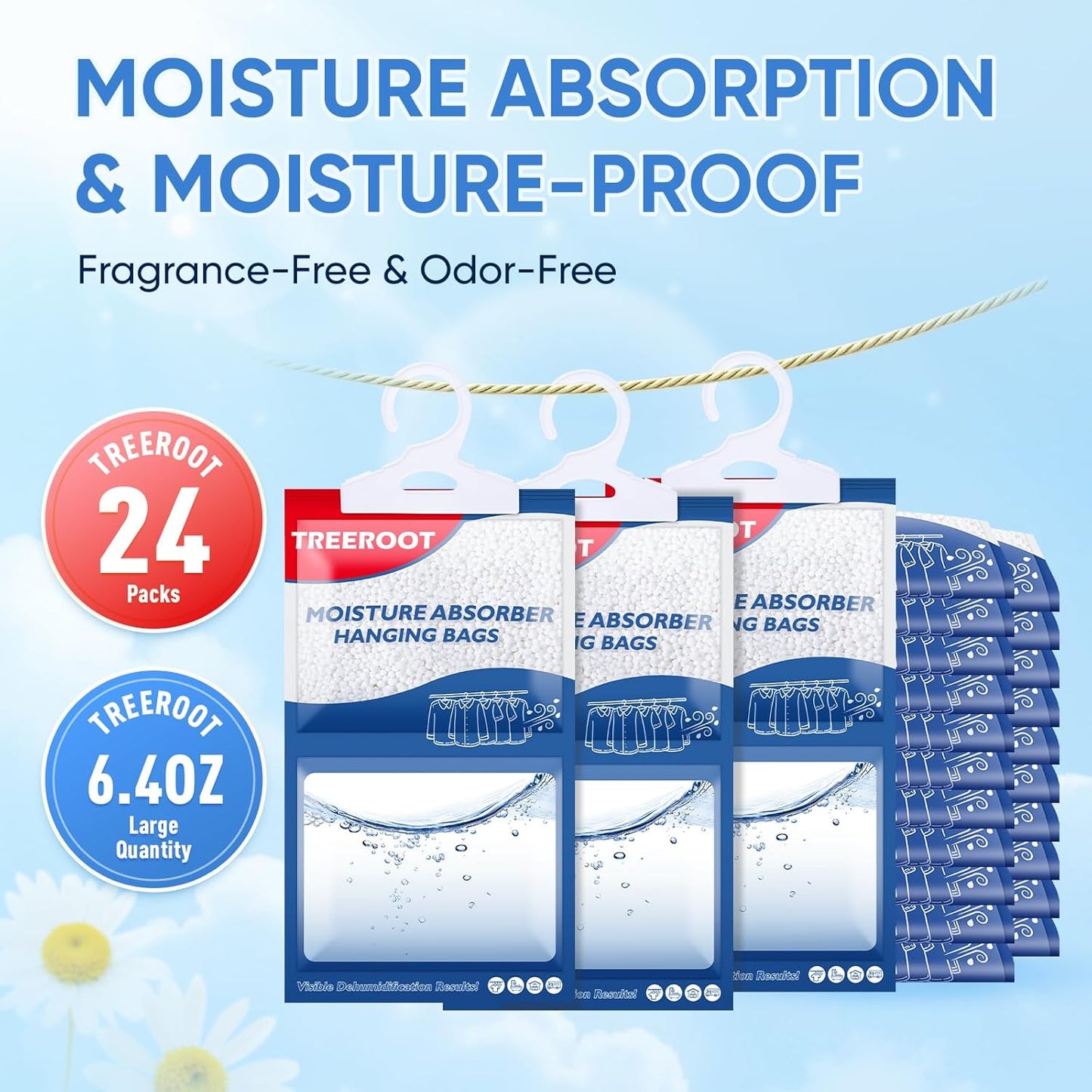 24 Pack Moisture Absorbers for Closet, 6.4OZ Hanging Closet Dehumidifier Bags, Hanging Humidity Absorber in Wardrobes, Kitchens and Bathrooms