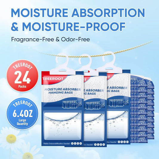 24 Pack Moisture Absorbers for Closet, 6.4OZ Hanging Closet Dehumidifier Bags, Hanging Humidity Absorber in Wardrobes, Kitchens and Bathrooms