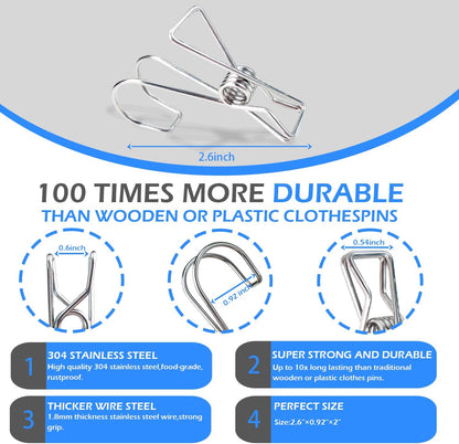 12+2 PCS 304 Stainless Steel Short Tail Hanger Clip with Hook, Durable Hanging Clips, Heavy Duty Multifunctional Hangers Use for Display Storage Items