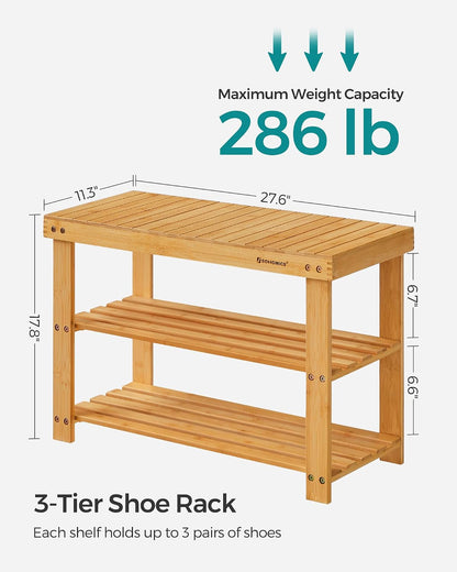 SONGMICS Shoe Rack Bench, 3-Tier Bamboo Shoe Storage Organizer, Entryway Bench, Holds Up to 286 lb, 11.3 x 27.6 x 17.8 Inches, for Entryway Bathroom Bedroom, Ink Black ULBS04H