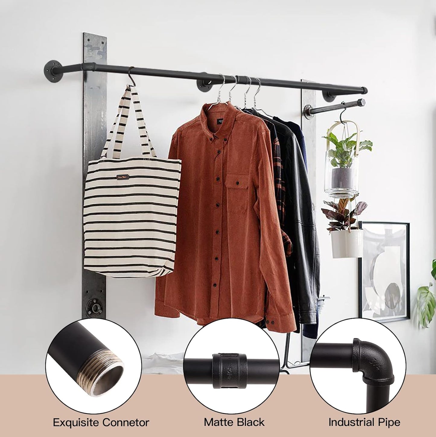 Gold Wall Mount Iaundry Drying Rack - 54" Pipe Garment Rack, Portable Heavy Duty Iron Closet Hanger Rod, Modern Metal Detachable DIY Hanging Bar for Laundry Room and Closet Storage
