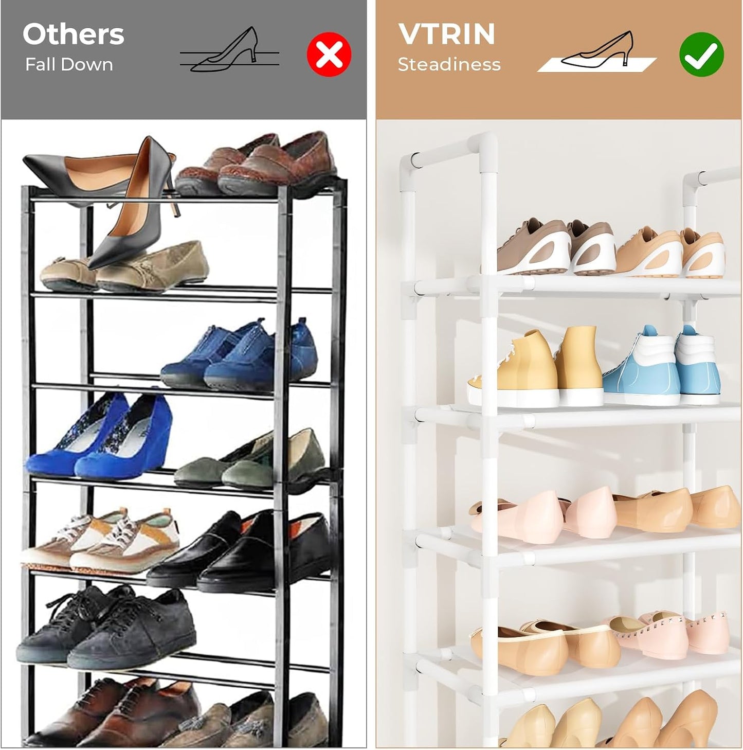 VTRIN 10 Tiers Tall Shoe Rack Holds 20-25 Pairs of Shoes Sturdy Vertical Shoe Organizer with 18pcs Hooks Stackable Narrow Shoe Rack for Closet, Entryway Black