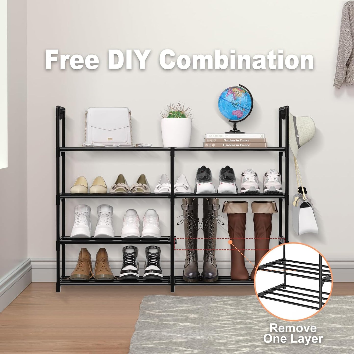 3 Row 4 Tier Long Shoe Rack, Black Metal Stackable Shoe Shelf with Multifunctional Hooks, Shoe Storage Hold 24-30 Pairs, Space Saving Shoe Organizer for Closet,Wide Shoe Rack