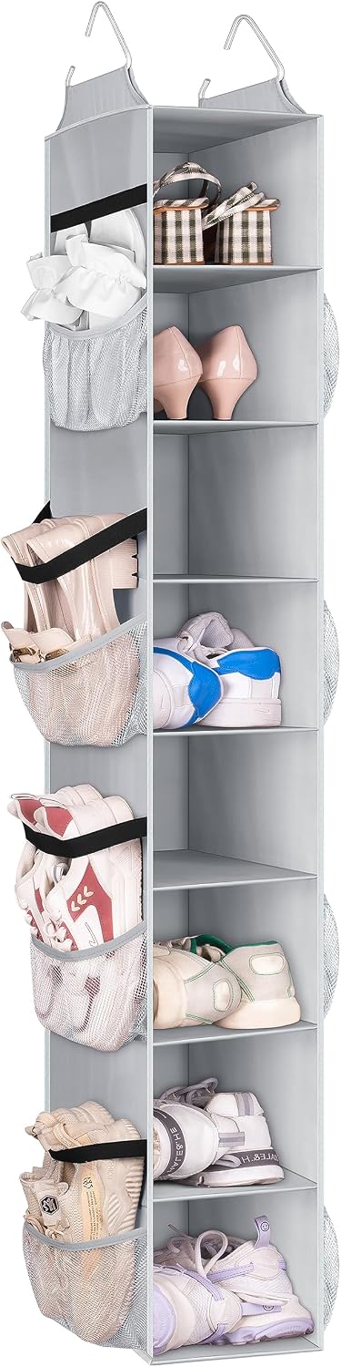 SLEEPING LAMB Short Hanging Shoe Organizer for Closet Storage with Mesh Side Pockets Holds 8 Pairs, Hanging Shoe Rack Hanger RV, Camper, Grey