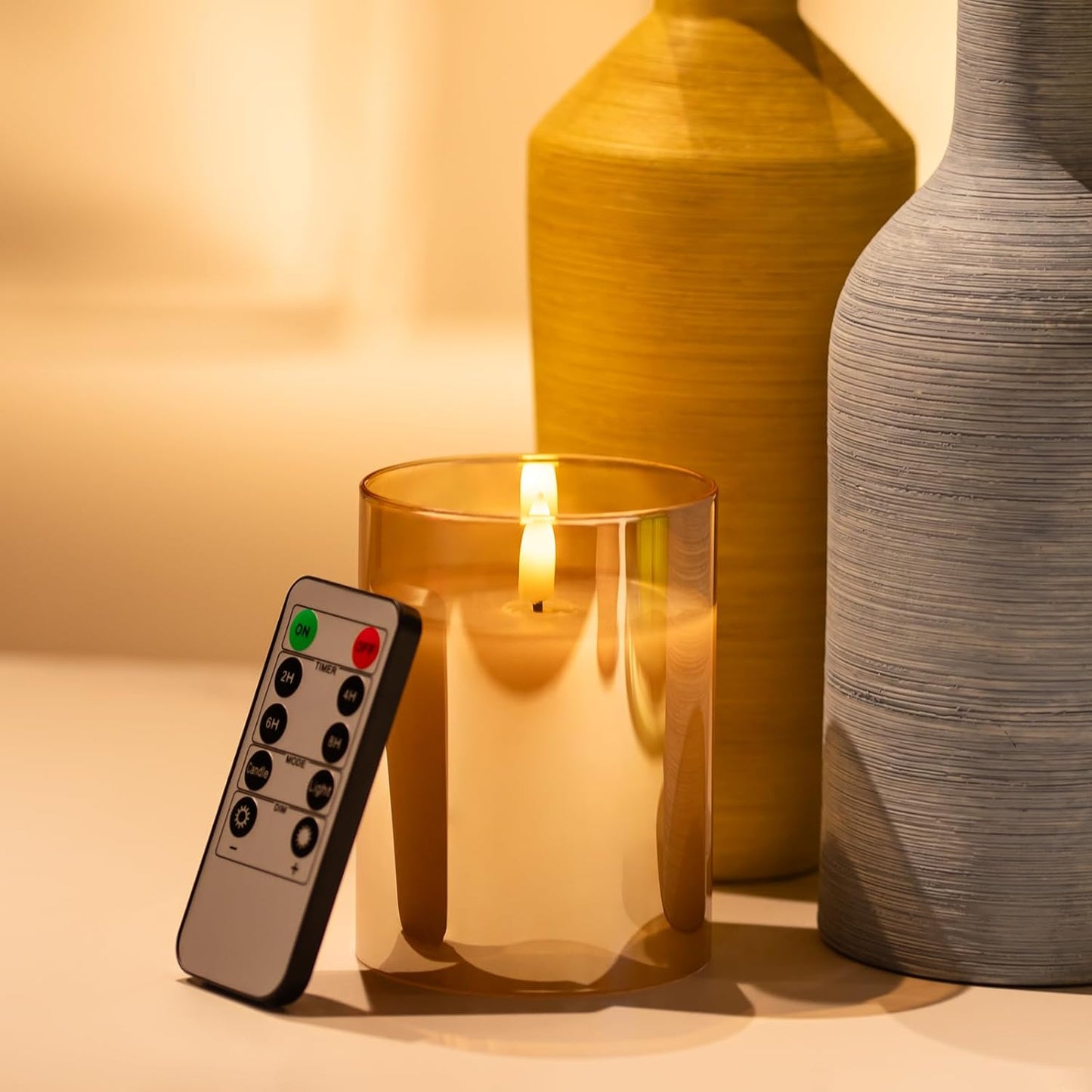 Blue Flameless Candles with Remote, Real Wax Glass Battery Operated Candles with Timer, LED Pillar Candle for Bedroom Home Wedding Birthday Party Fall Halloween Christmas Decorations, Set of 3