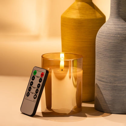 Blue Flameless Candles with Remote, Real Wax Glass Battery Operated Candles with Timer, LED Pillar Candle for Bedroom Home Wedding Birthday Party Fall Halloween Christmas Decorations, Set of 3